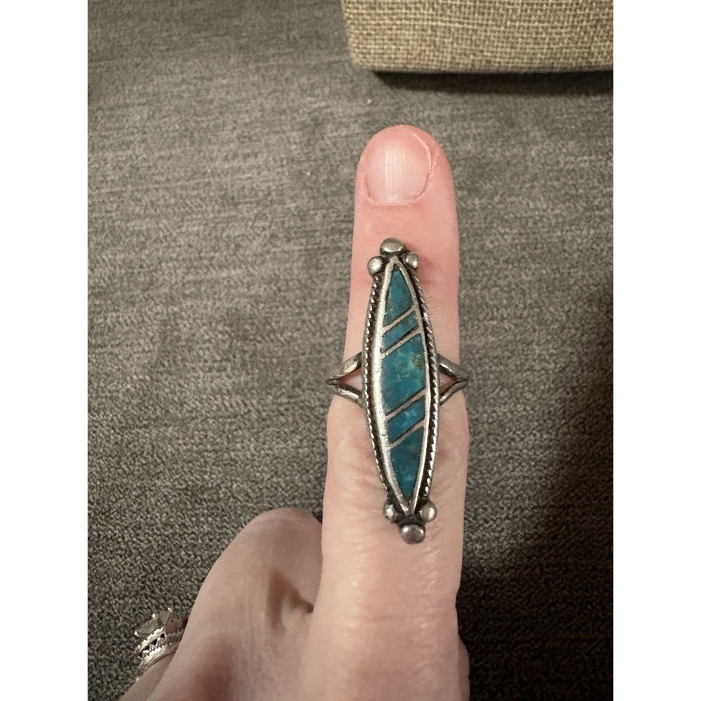 Vtg. Sterling Silver Long Turquoise Ring Southwestern Native American As Is 6